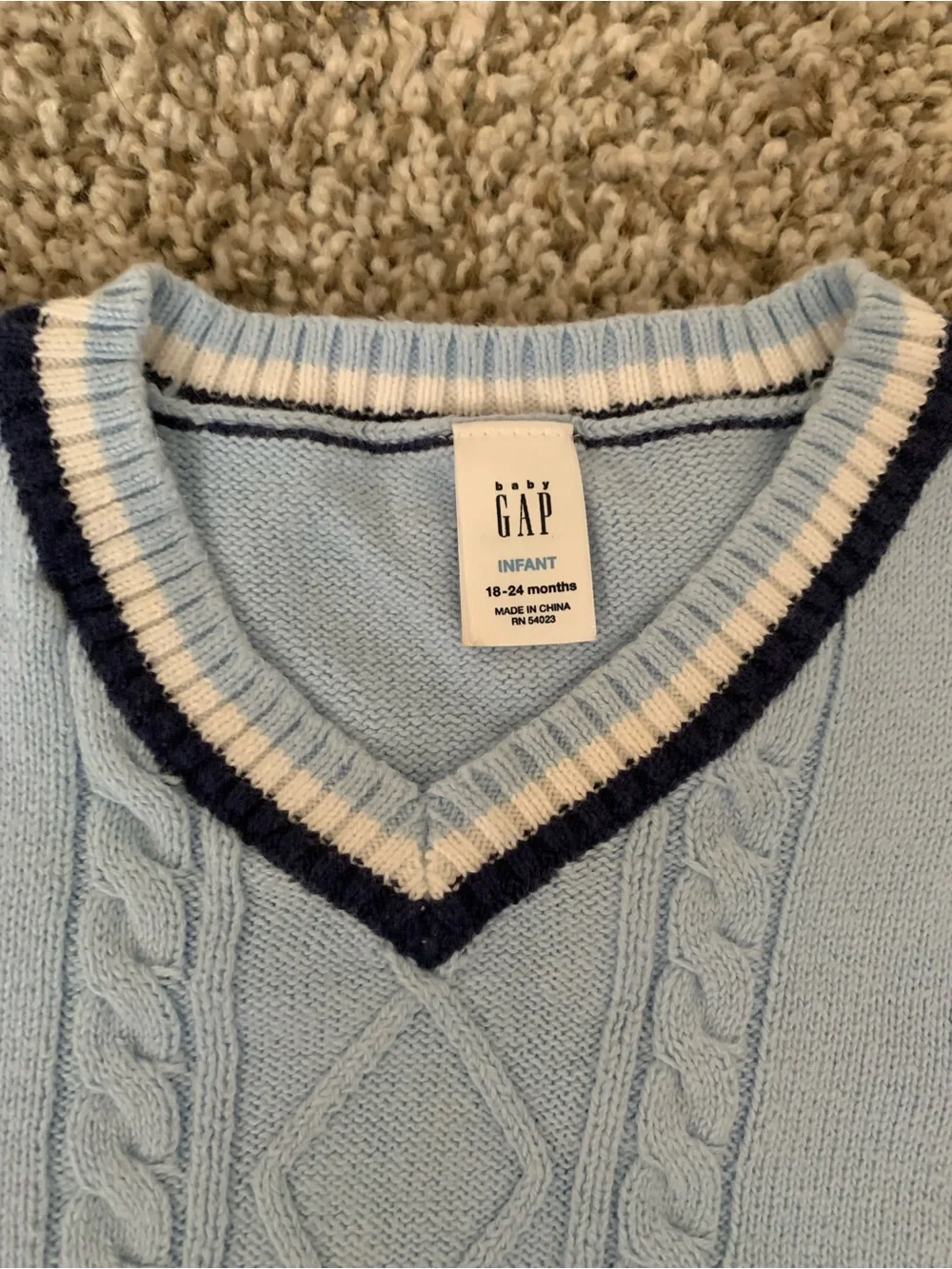 GAP Light Blue Cable-Knit V-Neck Sweater Vest with Navy & Cream Trim 18-24M Boy